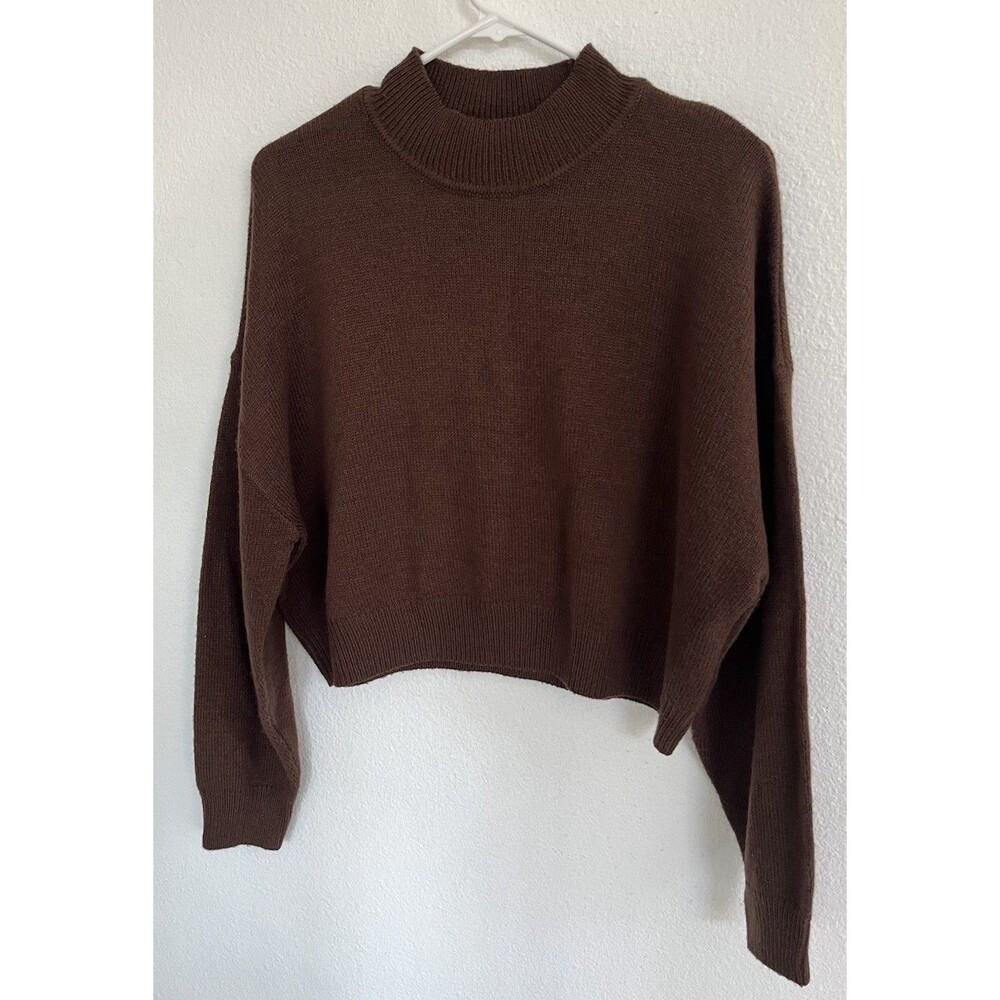 H & M Divided Womens Size L Brown Ribbed Knit Mock Neck Cropped Sweater Pullover